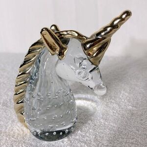 Vintage Clear Glass & Metallic Gold Unicorn Paperweight